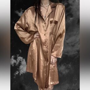 Vintage Satin Button-Up Shirt Dress in Gold Bronze